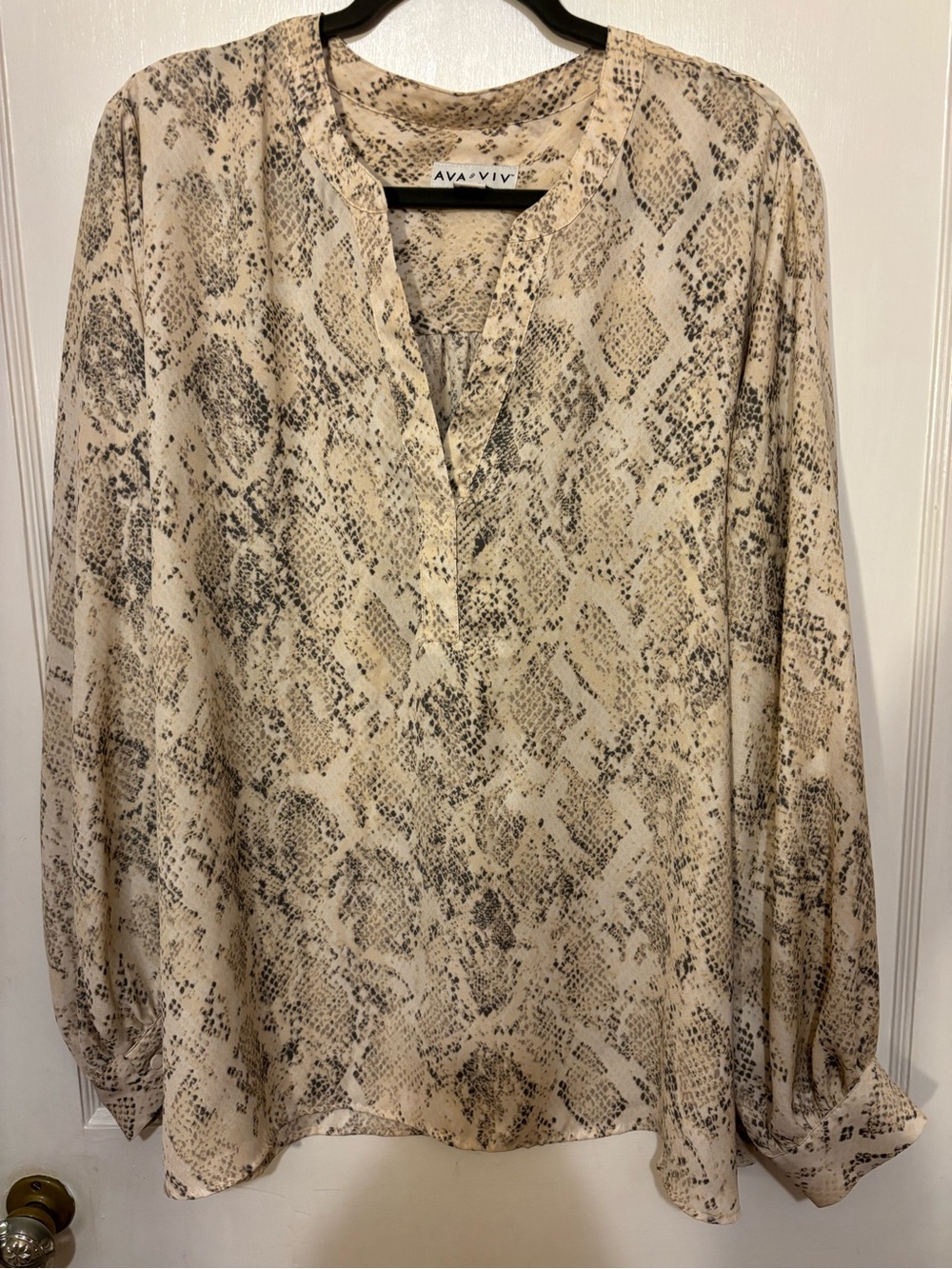 Ava & Viv Beige and Taupe Snake-Print V-Neck Blouse